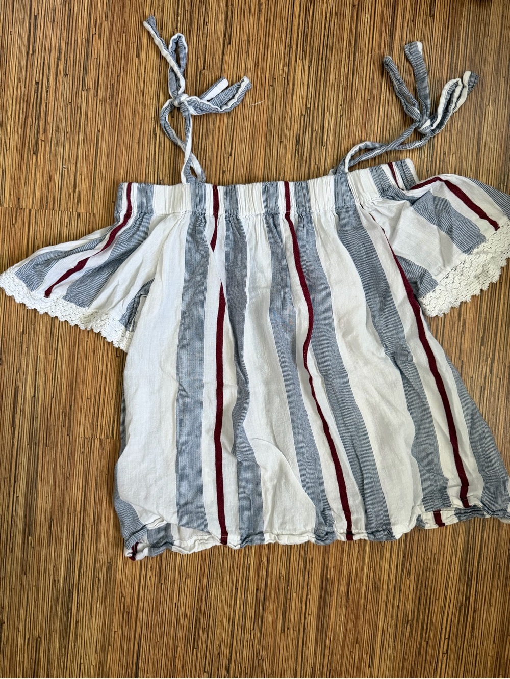 girl krazy Off-Shoulder Striped Camisole in White, Gray & Red